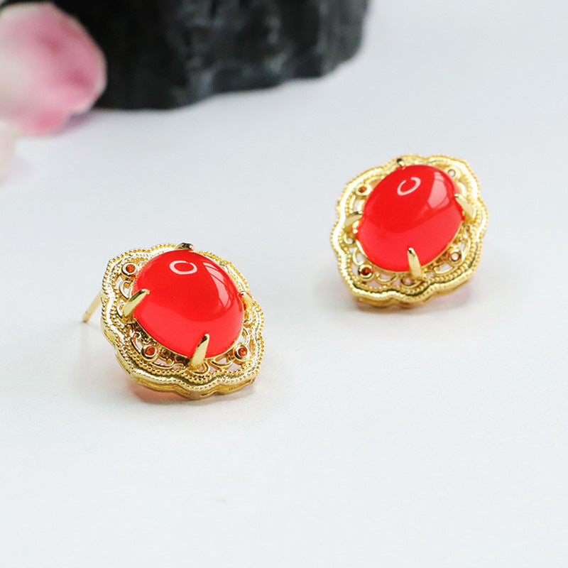 Chalcedony and Agate Retro Stud Earrings in Green with Red Accents