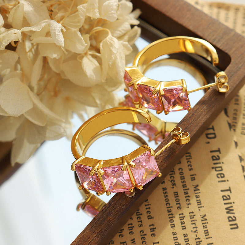 Summer Chic Pink Zircon C-Shaped Earrings with Celebrity Flair