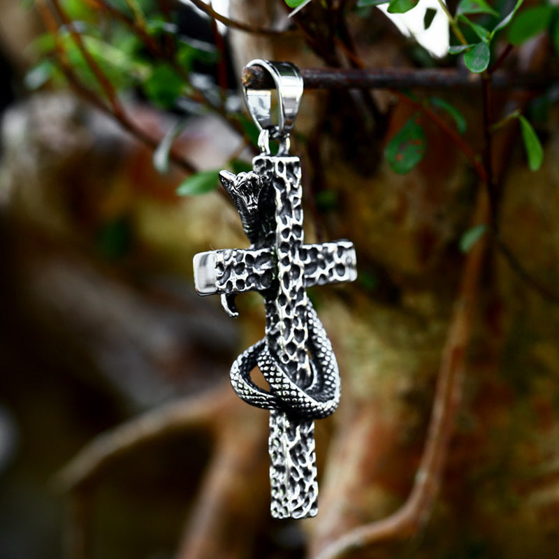 Vintage Nordic Titanium Steel Cross Snake Pendant for Men - Wholesale Stainless Steel Python Jewelry