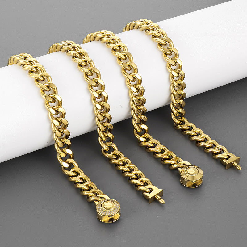 CNC Zircon-Set Gold-Plated Stainless Steel Cuban Chain Necklace for Men