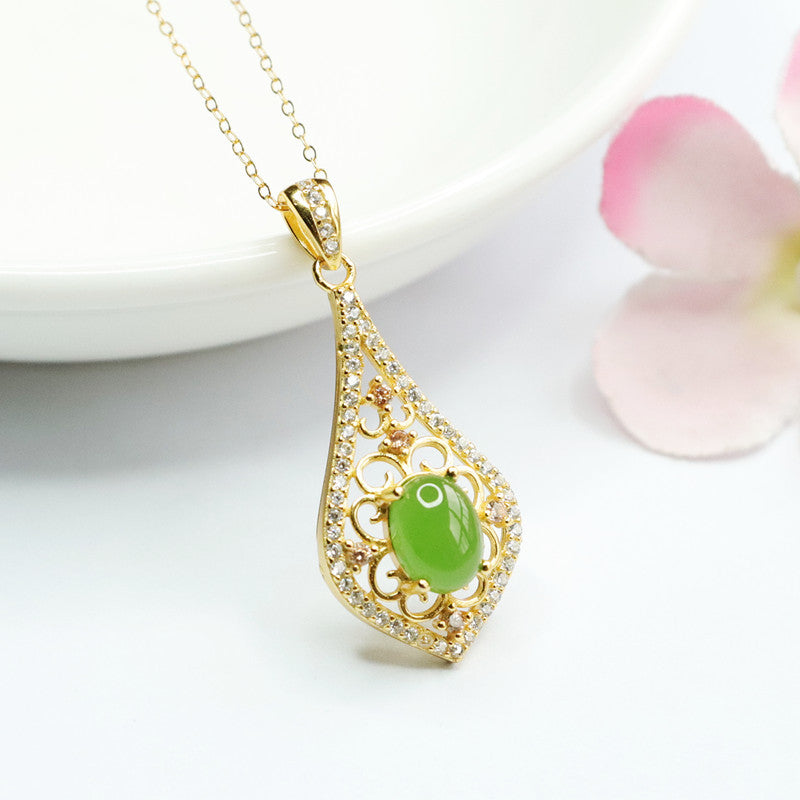 Water Drop Hollowed Jade Jasper Necklace with Zircon Pendant