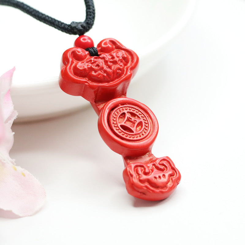 Cinnabar Auspicious Ruyi Pendant, Red Sand Pendant Jewelry