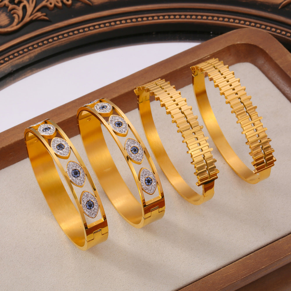 Geometric Texture Zircon Dripping Gold-Plated Titanium Steel Bracelet