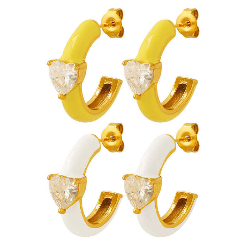 Yellow and White Drop Oil C-Shaped Earrings with Zircon Inlay