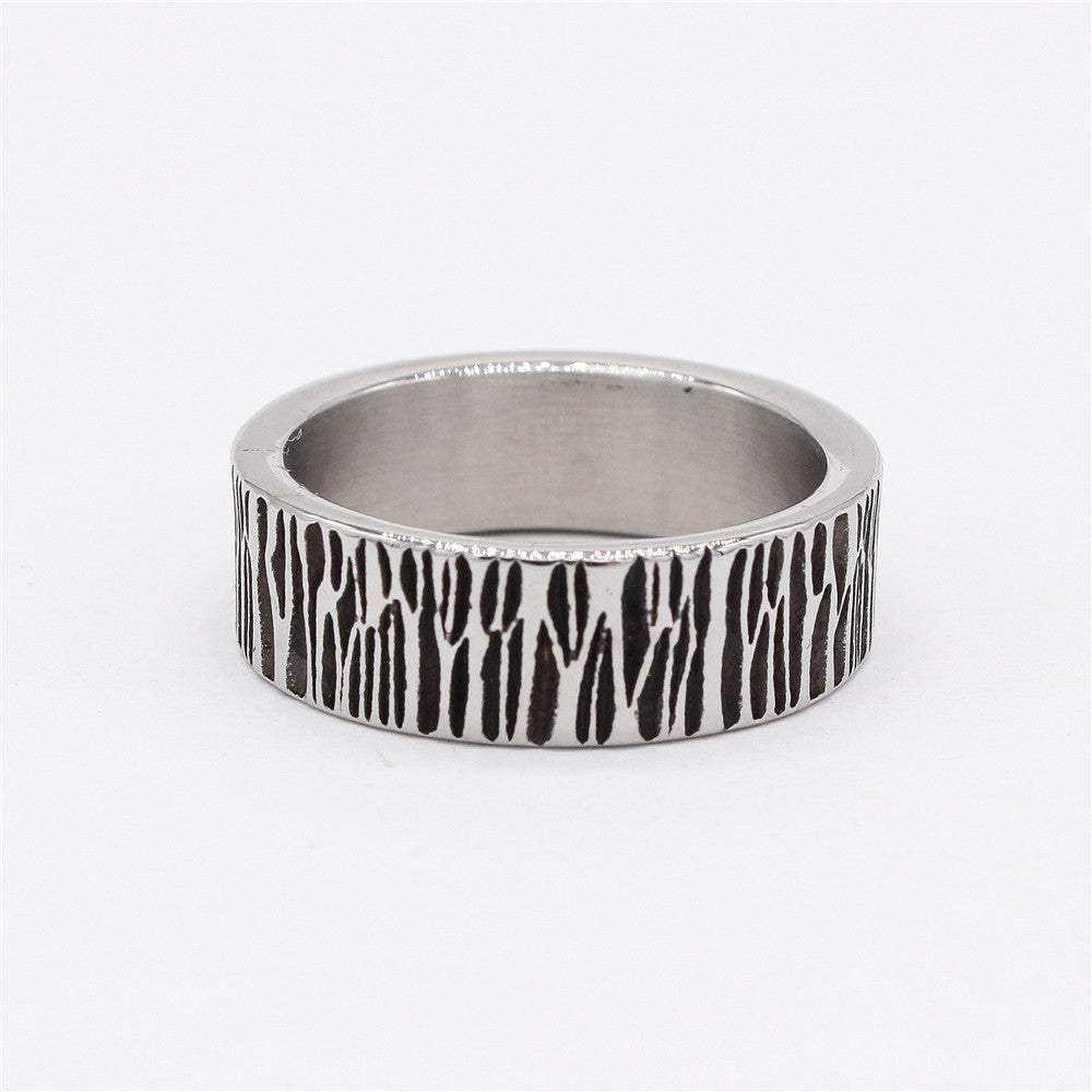 European and American Retro Cold Wind Titanium Steel Ring - Tree Bark Pattern Men's Ring