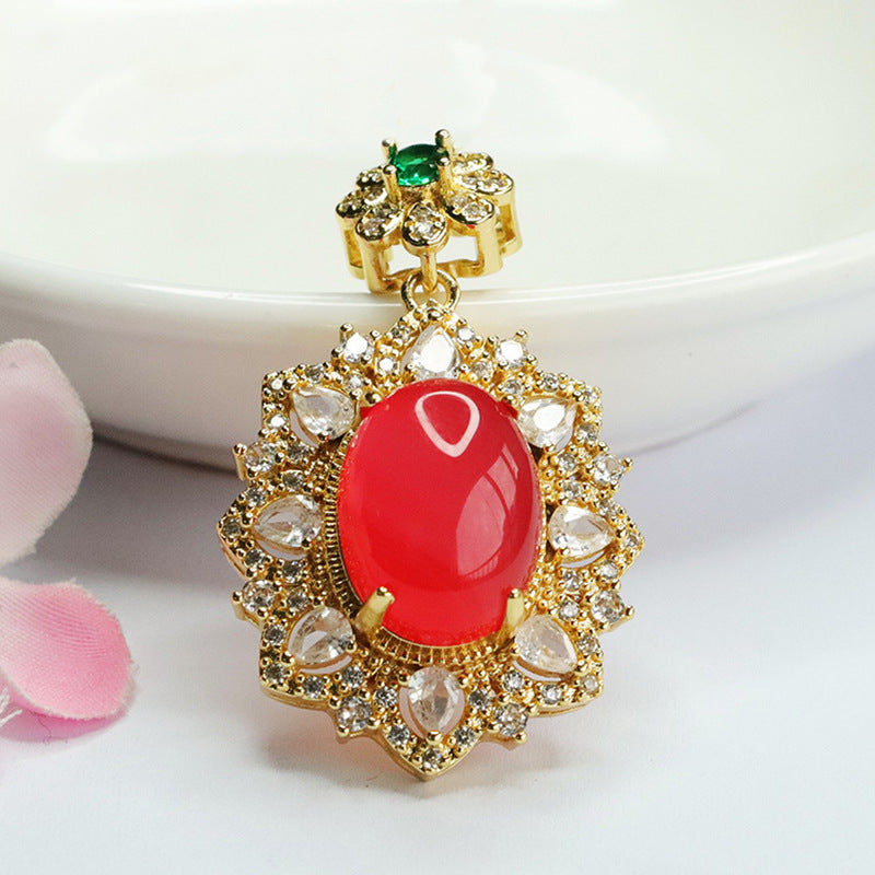 Golden Flower Pendant with Red Agate and Chalcedony Gems