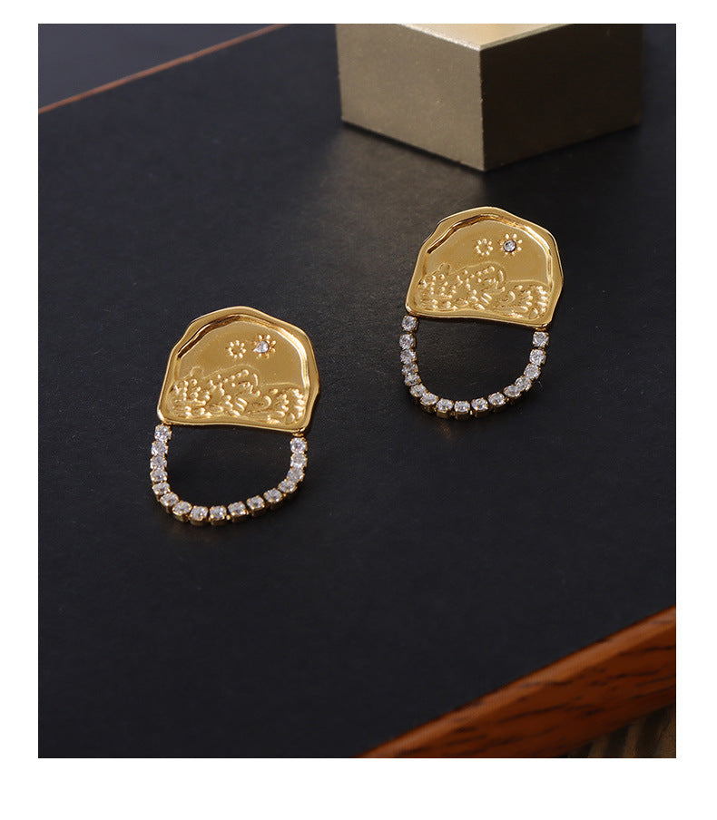 Cold Wind Titanium Steel Earrings with Zircon Stone Design and Gold Plating, Essence Absorbing Irregular Earrings for Women