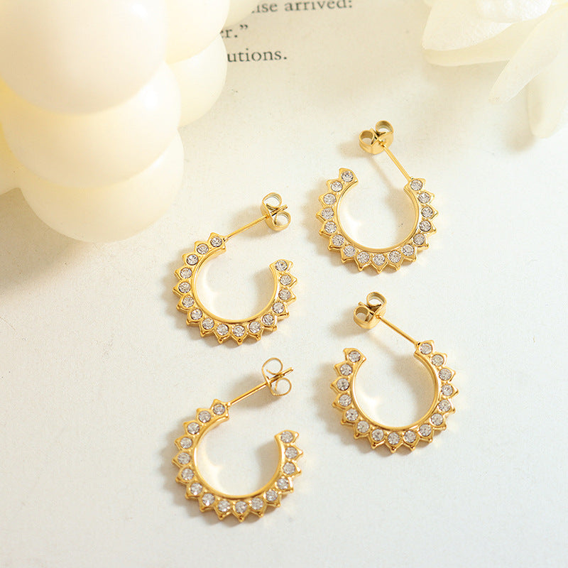 Sunflower Zircon C-Shaped Earrings in 18K Gold Plating