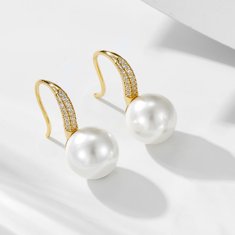 Round Pearl Zircon Sterling Silver Hook Earrings