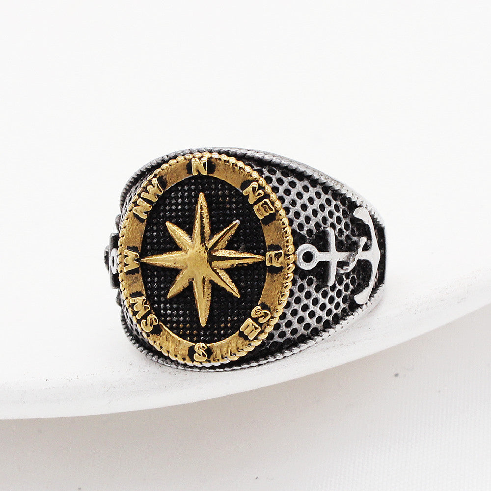 European and American Fashion Men's Titanium Steel Ring with Cross Compass