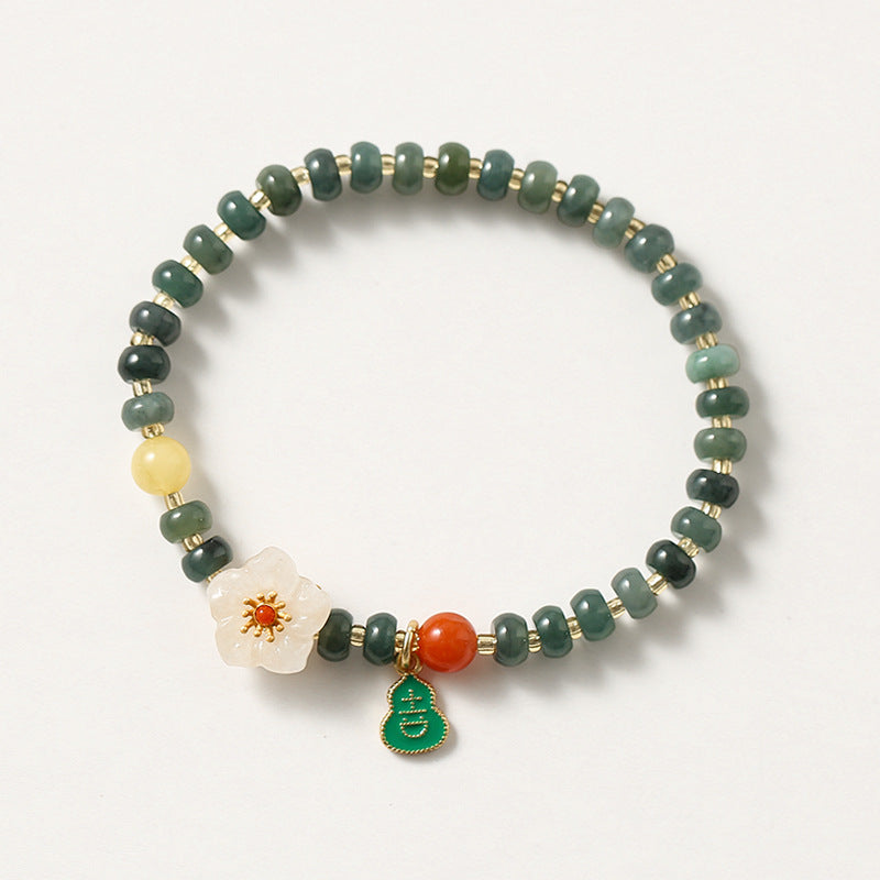 Fortune's Favor S925 Silver and Natural Jade Beaded Bracelet with Small Peach Blossom Design