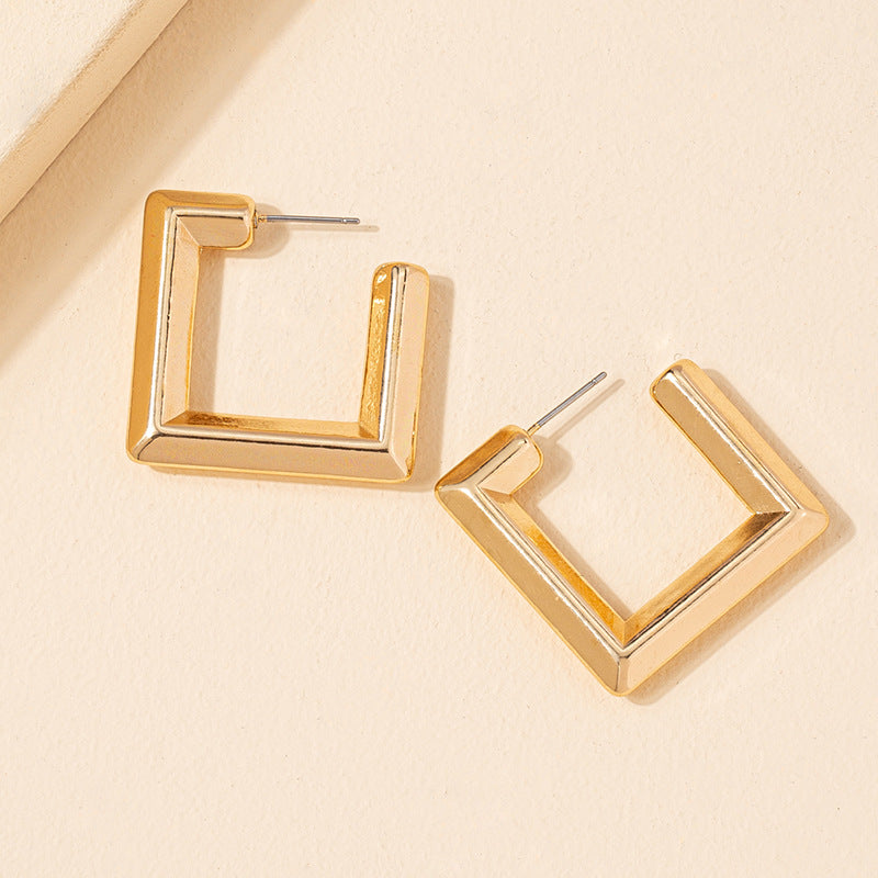 Square Metal Geometric Earrings with Asian Influence and Western Flair