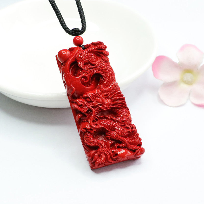 Dragon Carved Red Sand Cinnabar Sterling Silver Pendant