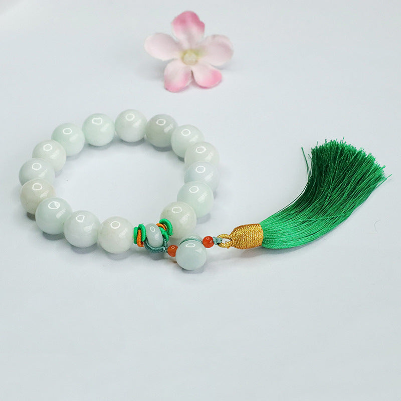 Ethnic Wind Sterling Silver Bracelet with Natural Burmese Jade and Gourd Tassel