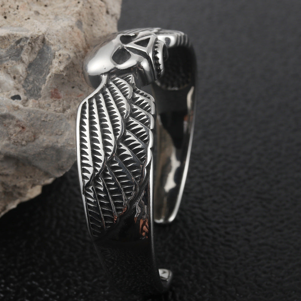 Titanium Steel Skull and Wing Open Bracelet for Trendy Men