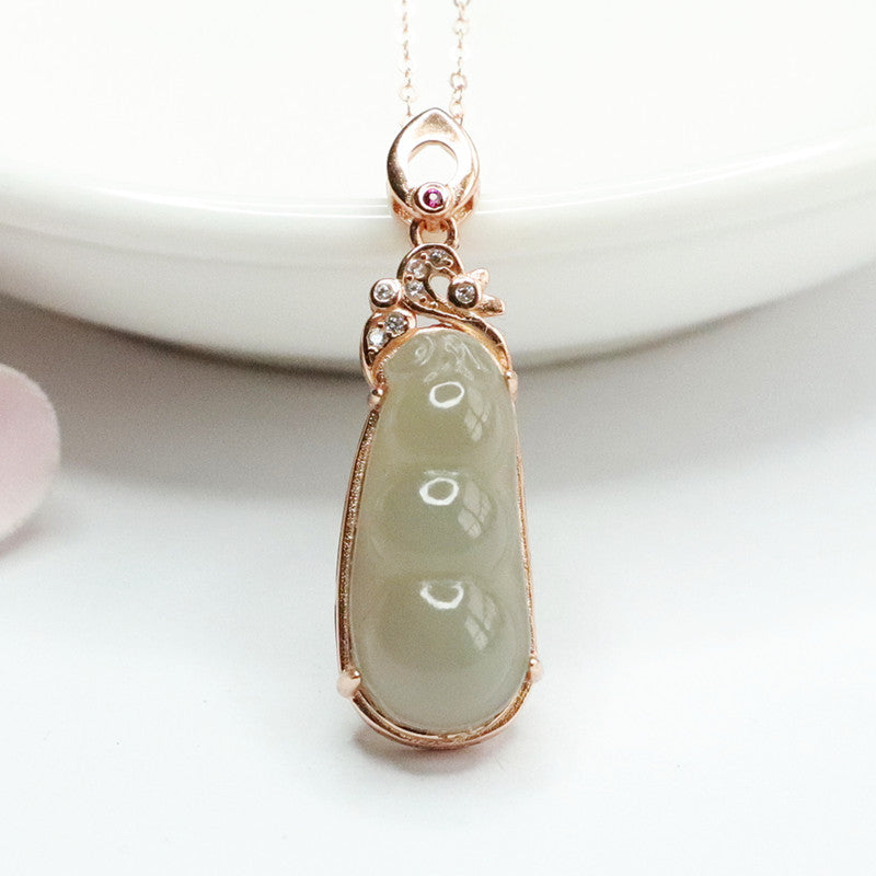 Green Bean Jade Sterling Silver Pendant Necklace