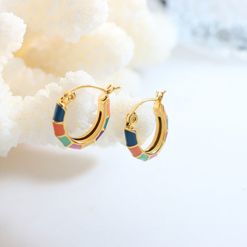 Colorful Patchwork Oil Dripping Earrings in Titanium Steel Gold-Plated Finish