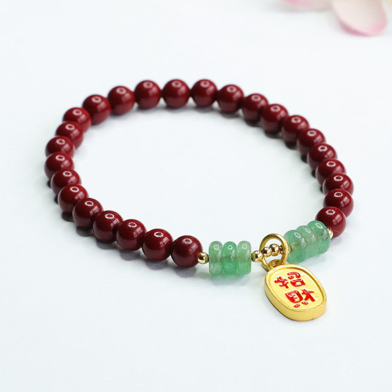 Cinnabar and Gold Sand Aventurine Jade Sterling Silver Bracelet