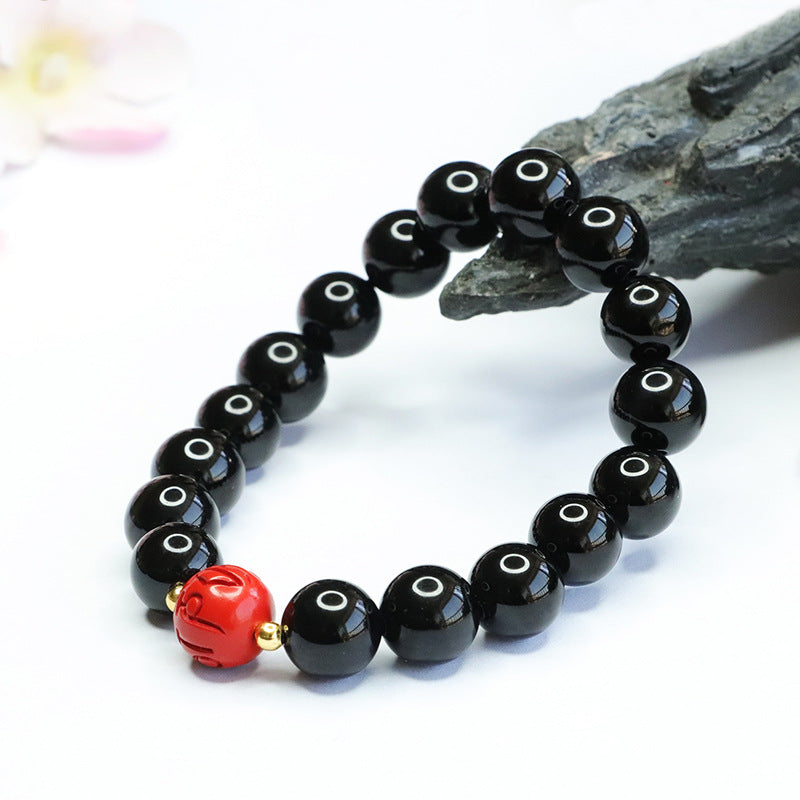 Black Agate and Cinnabar Red Sand Bead Bracelet with Six-character Proverb