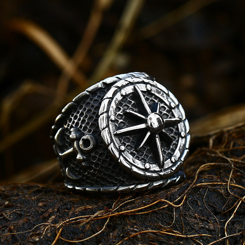 Titanium Steel Navigational Compass Ring for Men - Nautical Inspired Stainless Steel Anchor Design