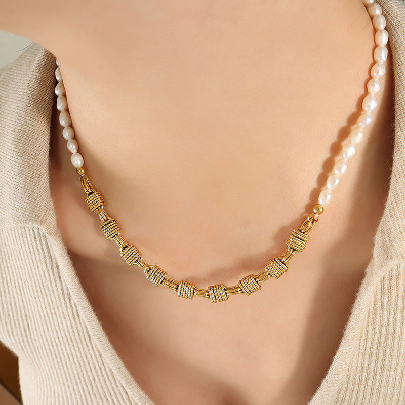 Brass Personalized Necklace with Freshwater Pearls and Geometric Design