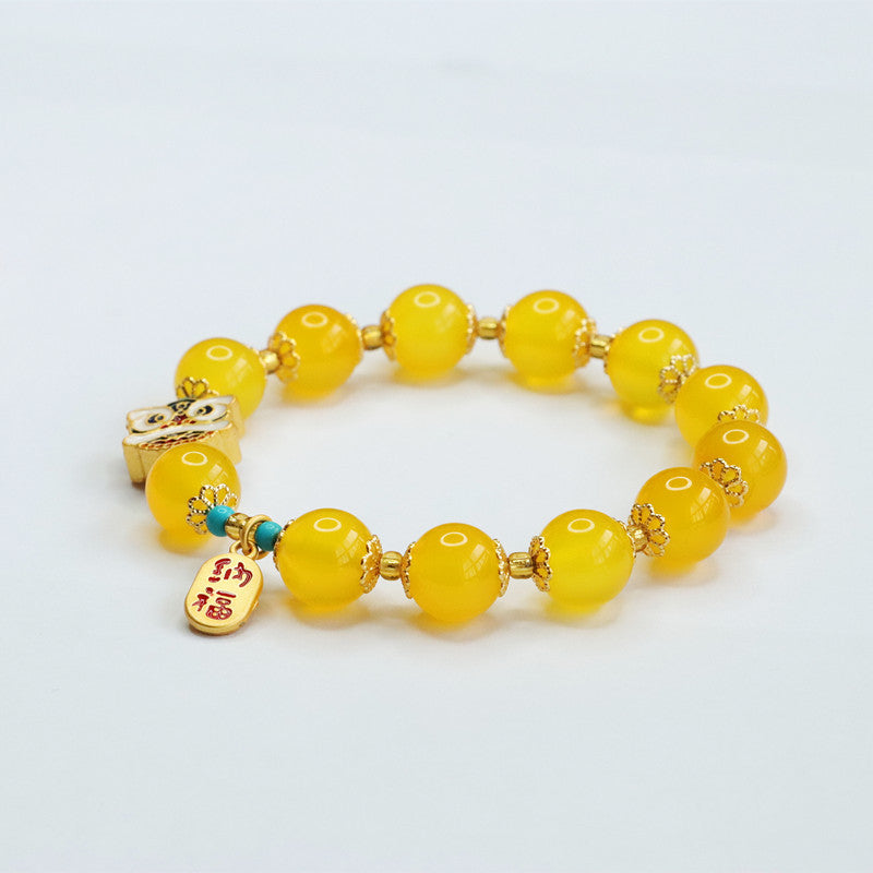 Golden Chalcedony Bracelet with Lion Head and Blessing Brand