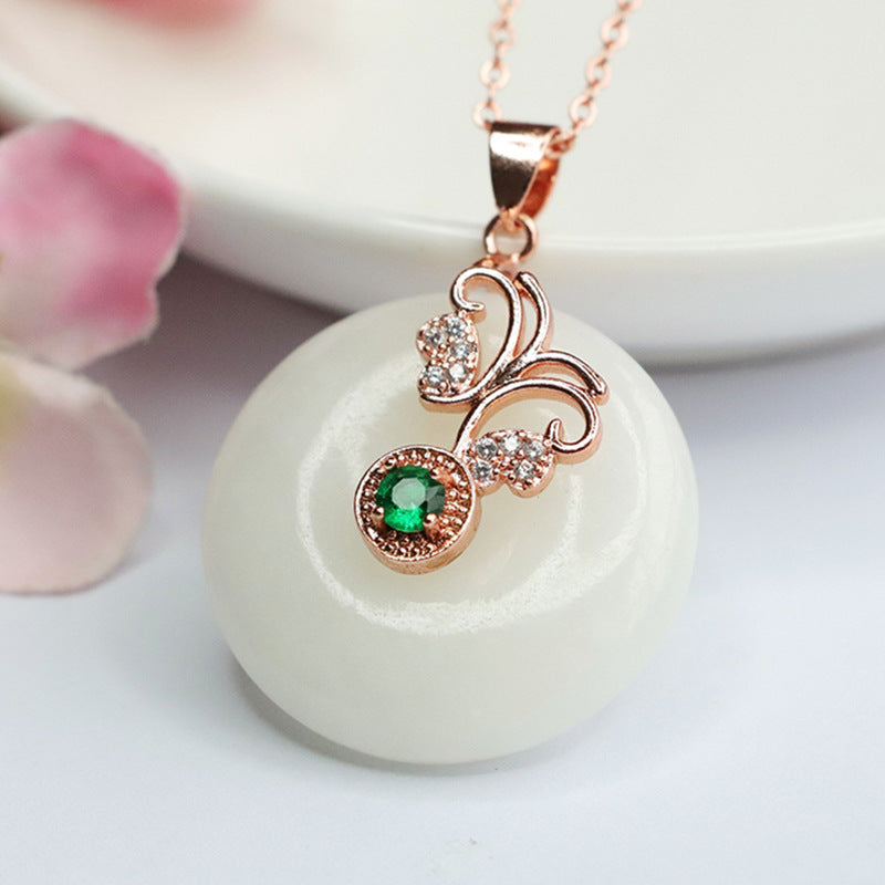 Elegant Grace and Fortune Hetian Jade Pendant Necklace with Zircon Butterfly Detail on Rose Gold Setting