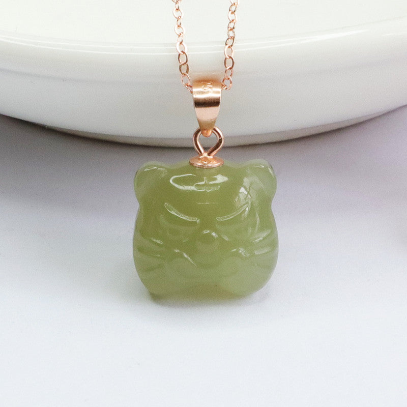 Sterling Silver Hetian Jade Tiger Head Necklace - Fortune's Favor Collection