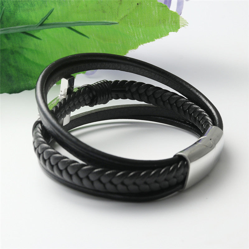 Men's Personalized Titanium Steel Cross Leather Bracelet - Woven Punk Style Accessory