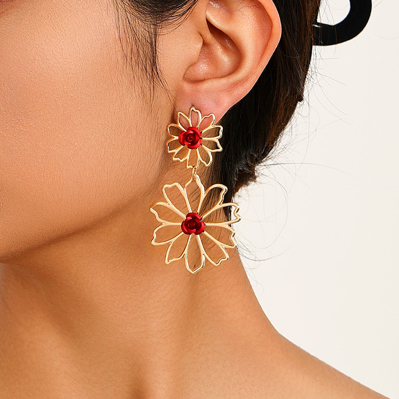 Elegant Double Flower Metal Hollow Earrings - Vienna Verve Collection