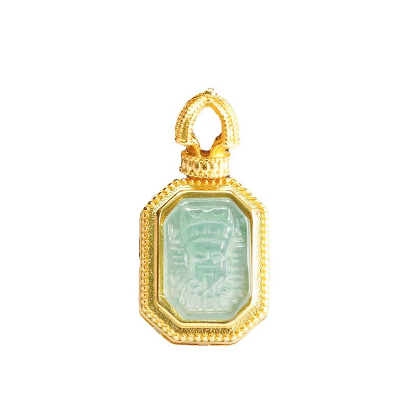 Sterling Silver Ice Blue Green Jadeite Carved Totem Rectangle Pendant Necklace