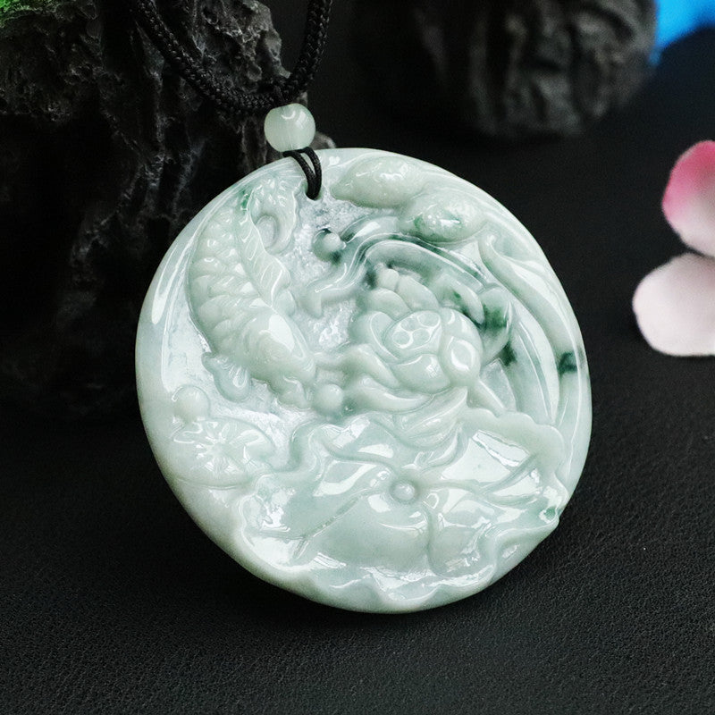 Fortune's Favor Jade Koi Pendant with Lotus Leaf Design