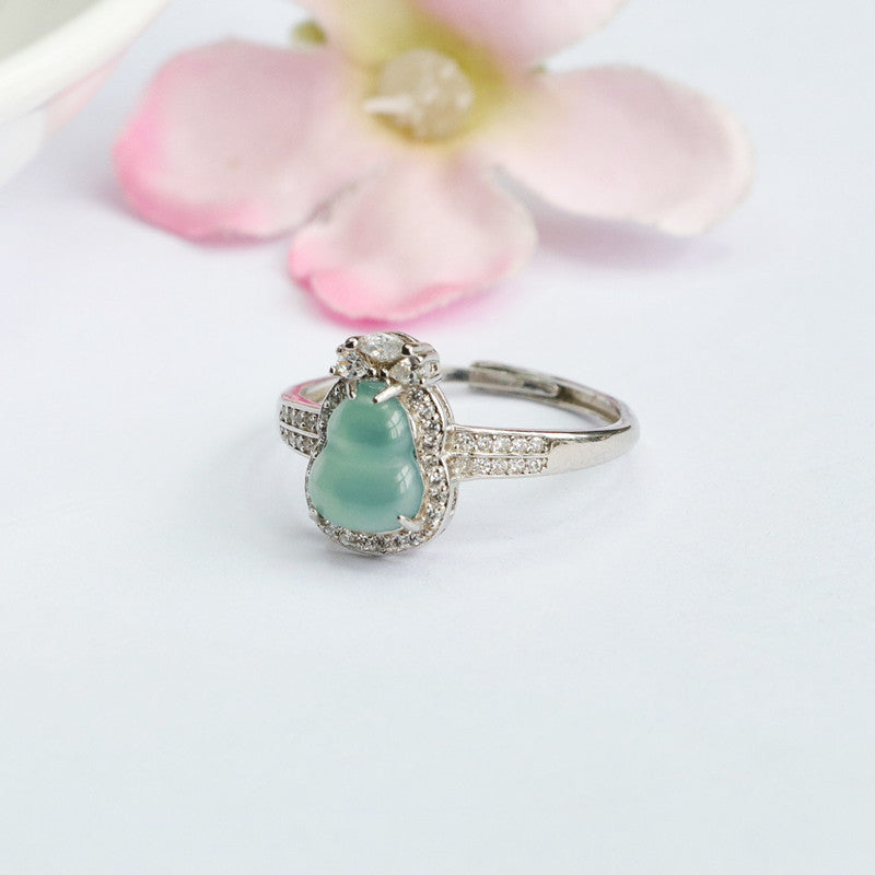 Sterling Silver Adjustable Ice Blue Green Jade Ring with Zircon Halo