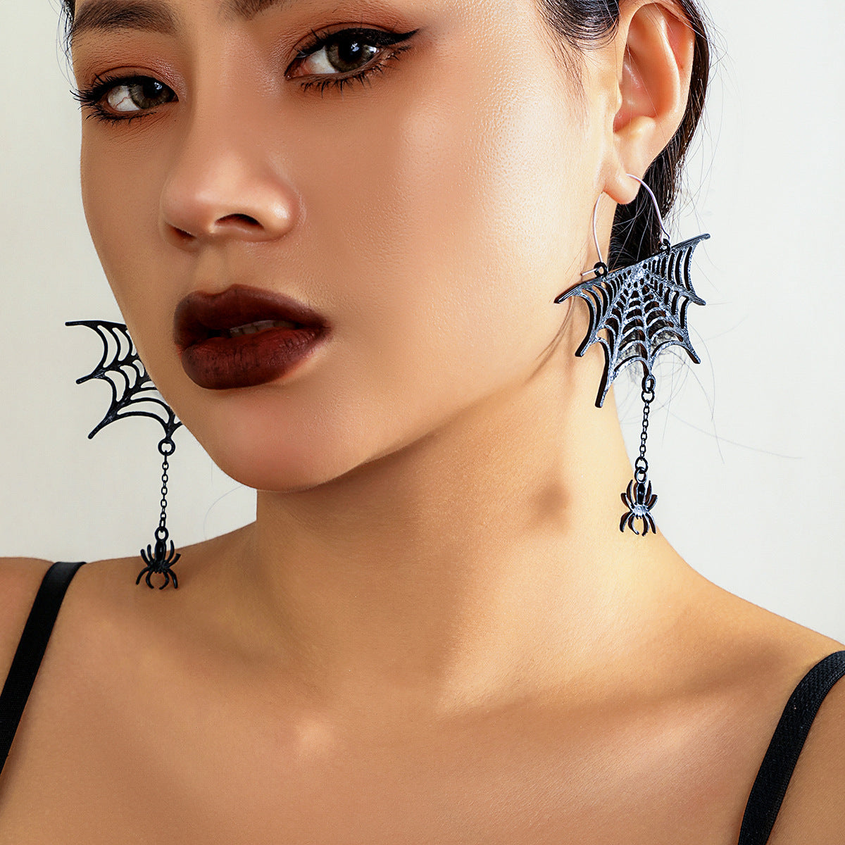 Dark Metal Spider Web Tassel Earrings with Cross Border Sterling Silver Needles