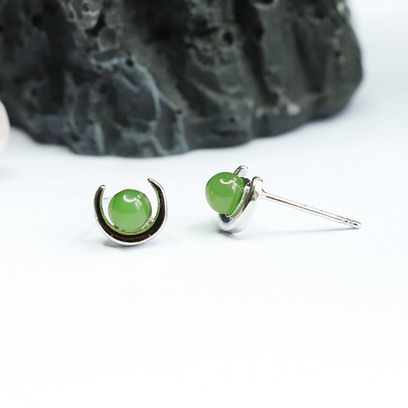 Curved Moon Earrings with Hotan Jade and Sterling Silver Needle