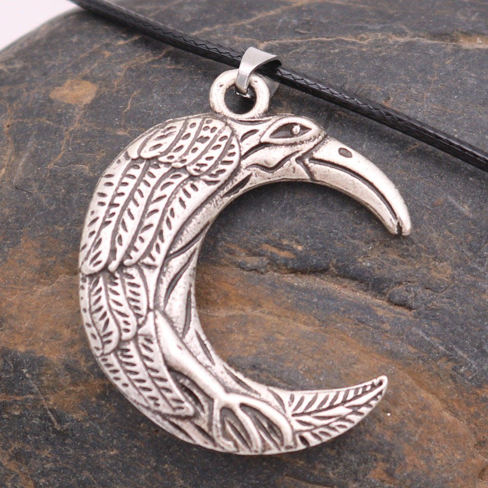 Mystic Crow Metal Necklace with Celtic Moon Pendant - Men's Nordic Talisman