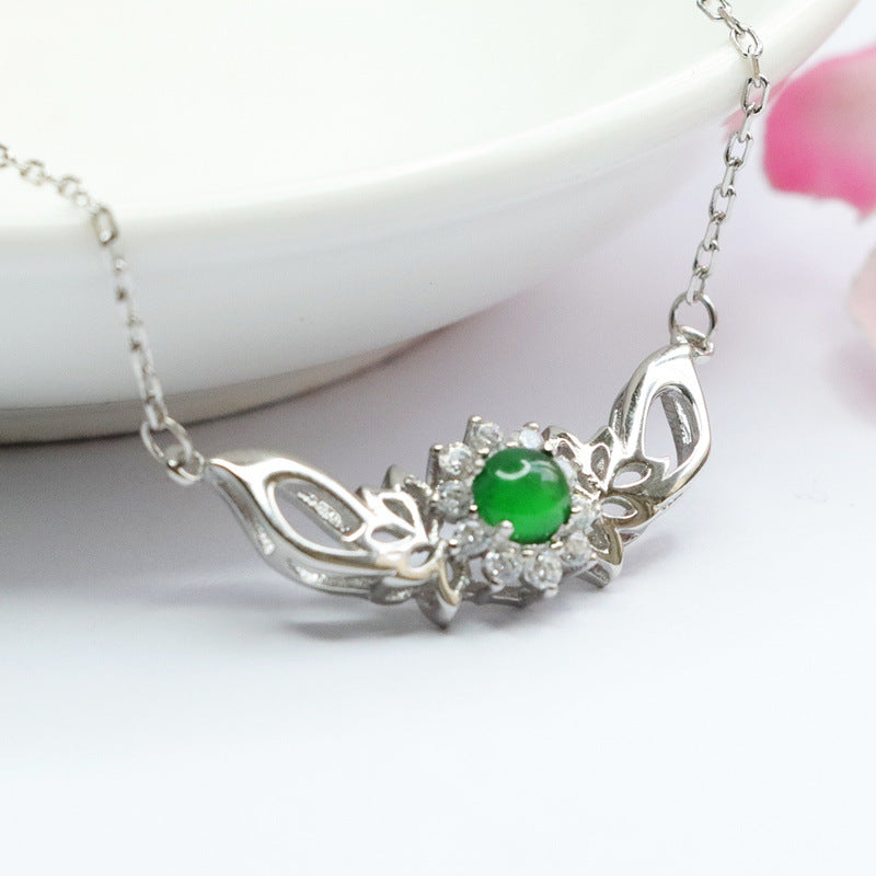 Ice Emperor Green Jade Lotus Necklace with Zircon Accent