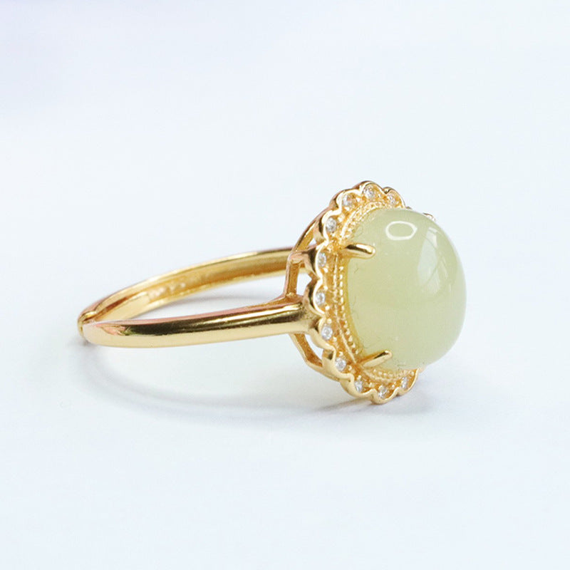 S925 Silver Hetian Jade and Zircon Petal Adjustable Ring