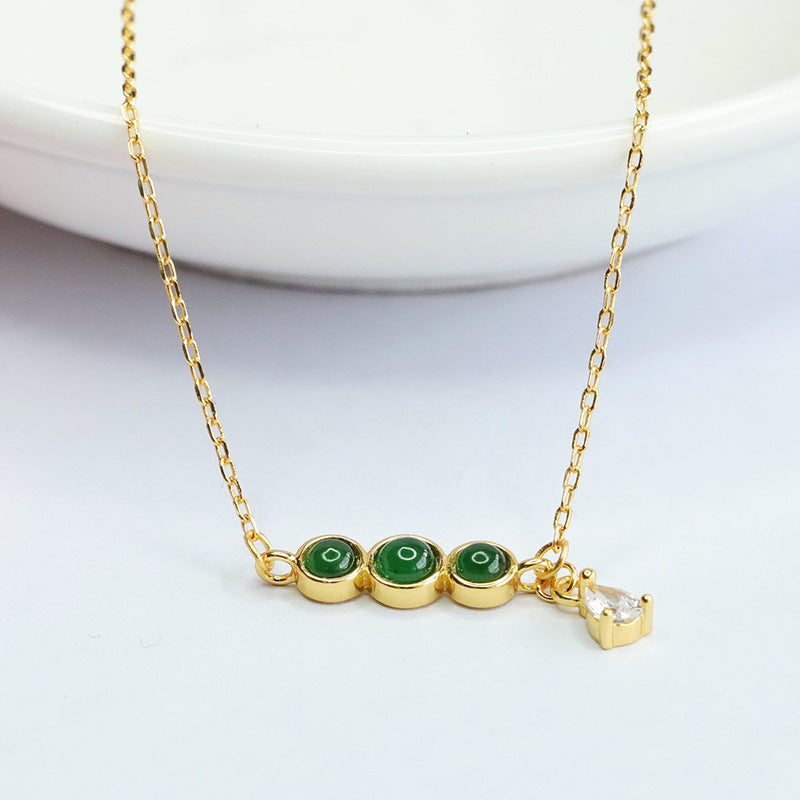 Imperial Green Jade Zircon Necklace with Sterling Silver Beads