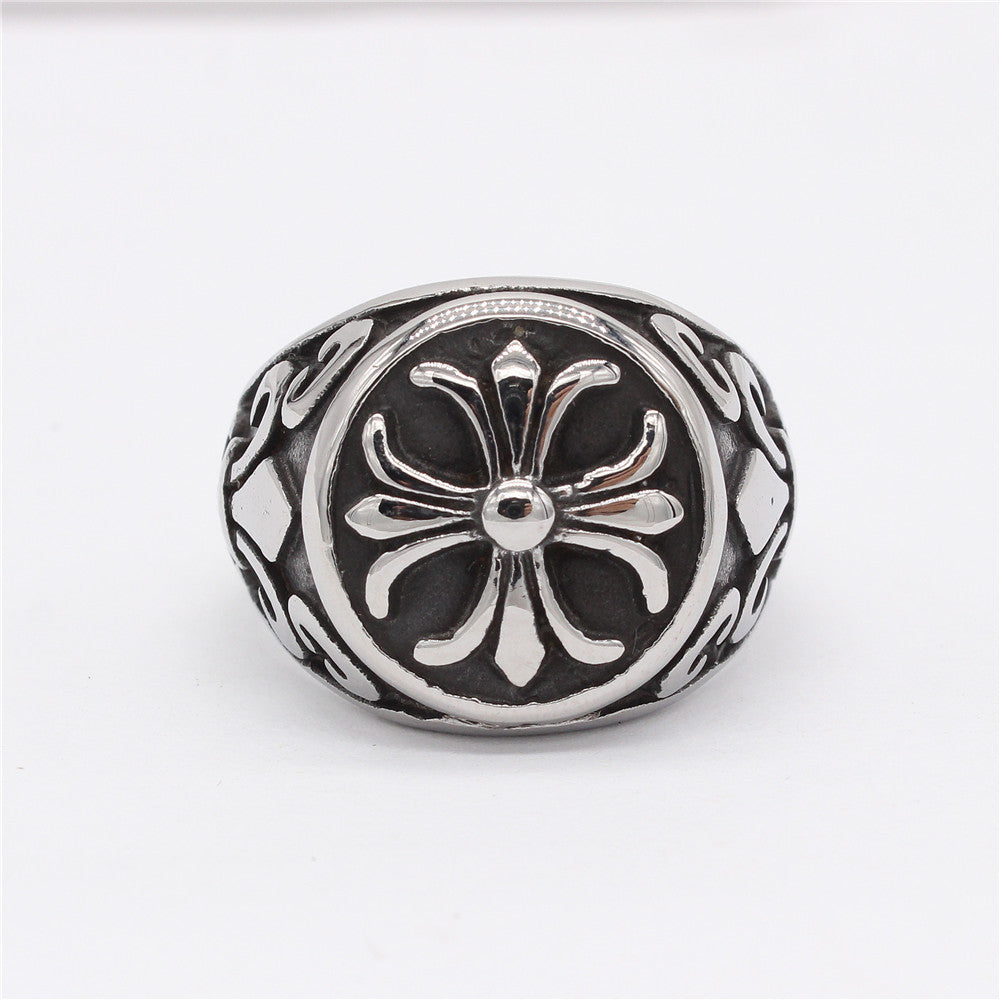 Relief Cross Flower Round Titanium Steel Ring for Men