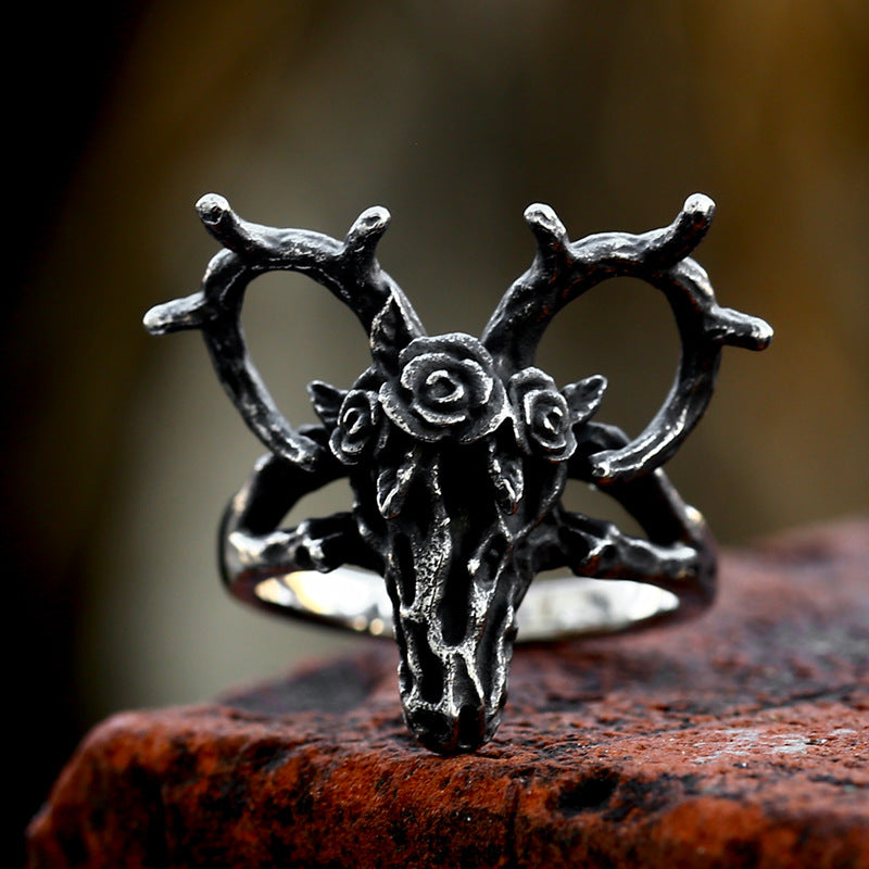 Customizable Titanium Steel Sheep Skull Ring for Men - Retro European & American Design