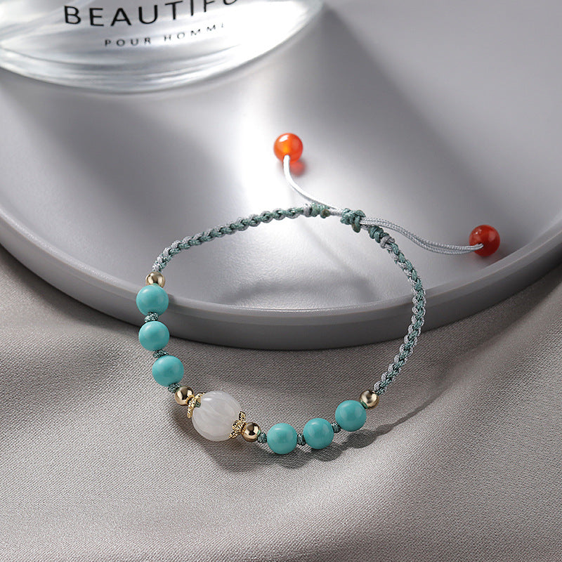 Women's Sterling Silver Braided Bracelet with Natural Turquoise, Red Agate, and Jade Beads