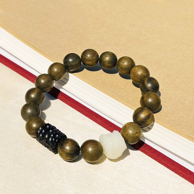 Elegant Retro Style Sterling Silver Bracelet with Natural Sandalwood and Jade