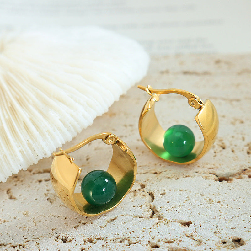 Elegant Green U-Shaped Earrings - Titanium Steel with 18K Gold Plating