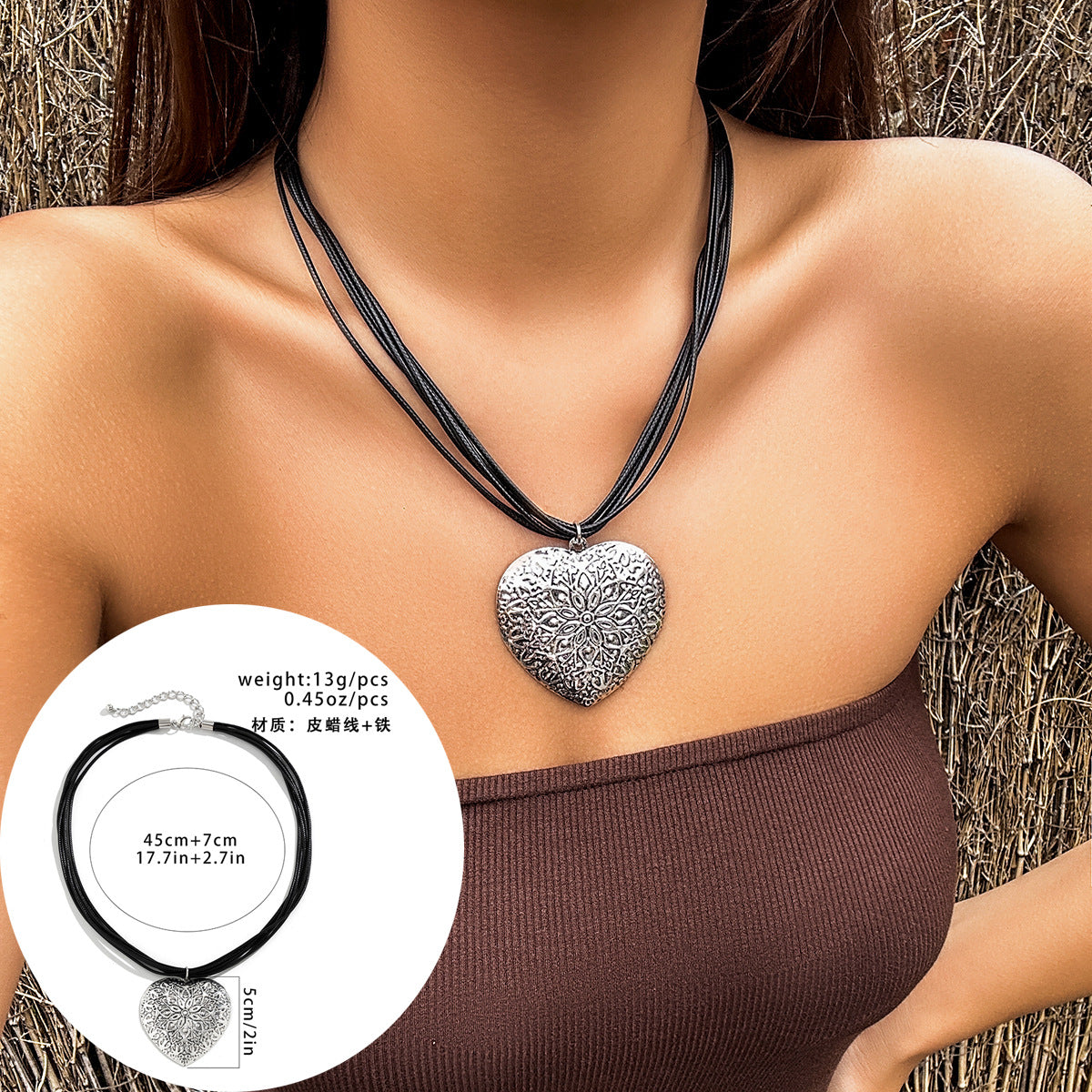 Exaggerated Metal Love Necklace with Adjustable Velvet Wax - Europe and United States inspired.