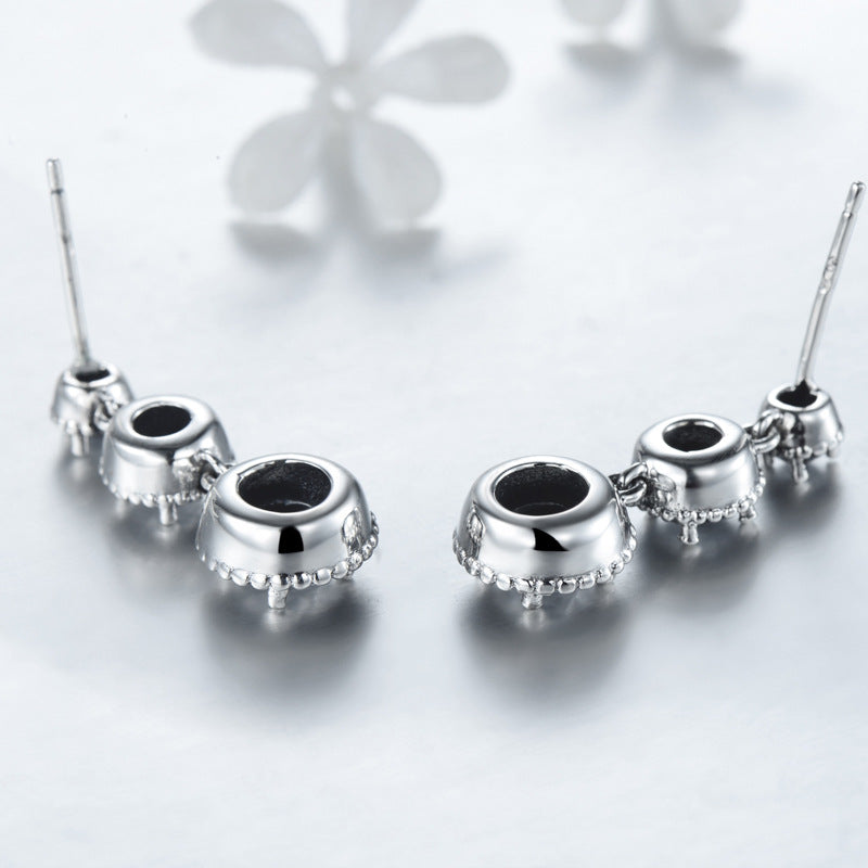 Elegant French Sterling Silver Stud Earrings with Zircon Gems