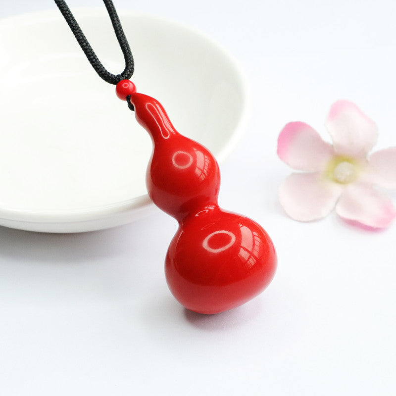 Red Sand Gourd Pendant with Cinnabar Stone Strung on a Sterling Silver Chain