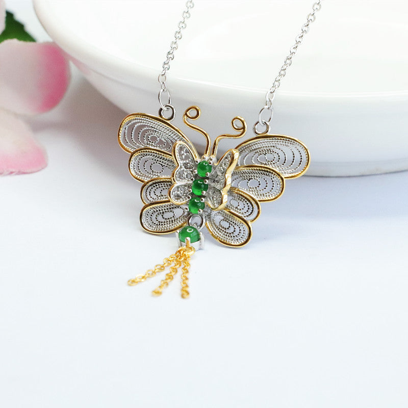 Icy Emperor Green Jade Butterfly Necklace with Gold Trim