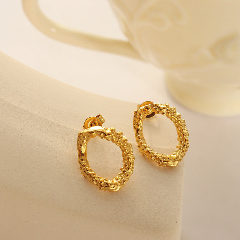 Vintage-Inspired Handcrafted Embossed Earrings in Gold-Plated Titanium Steel, Exquisite Cross-Border Accessory