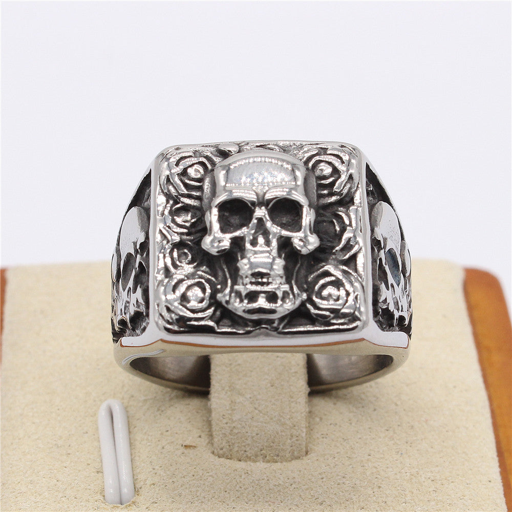 Halloween Carved Skull Roses Square Titanium Steel Ring for Men